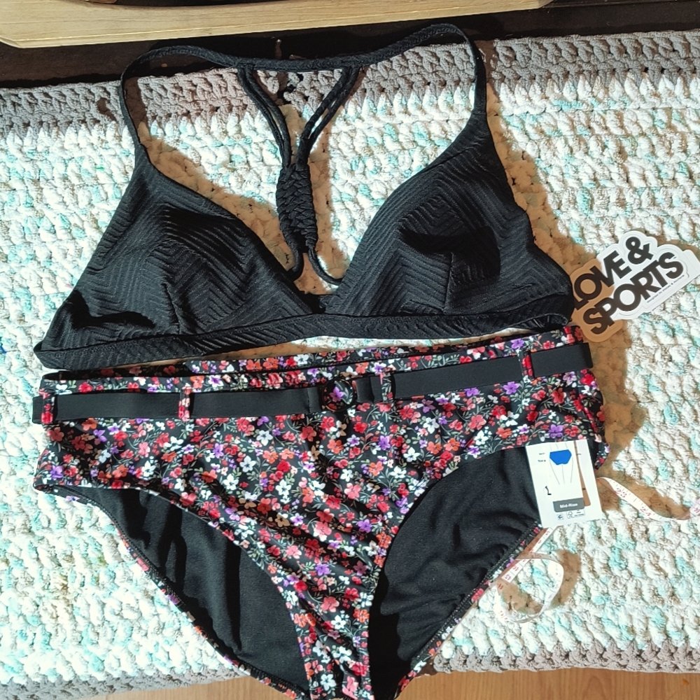 NWT Black & Floral 2 piece Bathing Suit